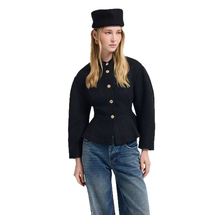 Women's tailored jacket with peplum hem, structured woven quality and decorative buttons Mune Fashion