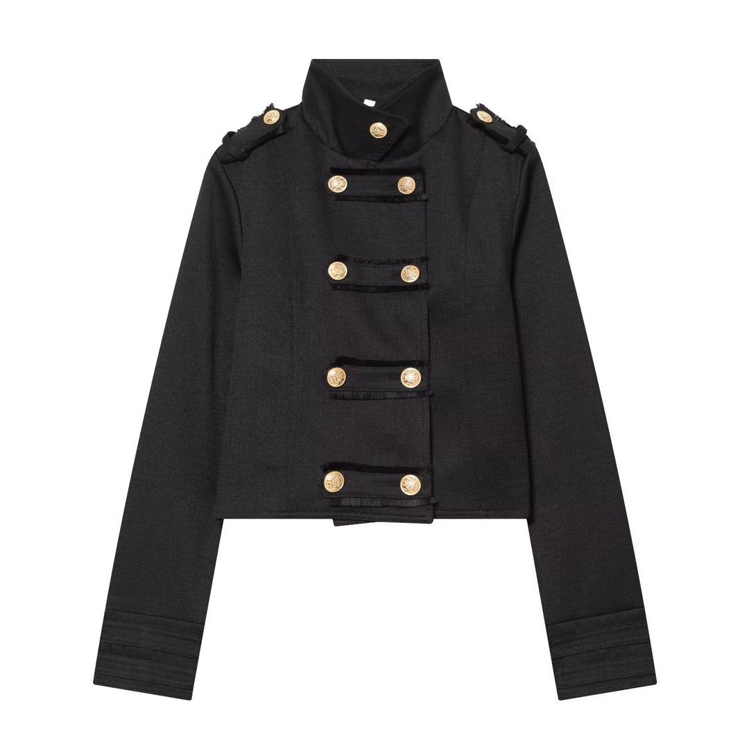 Women's Cropped Uniform Jacket in Military Style with Stand-up Collar and Decorative Button Placket Mune Fashion