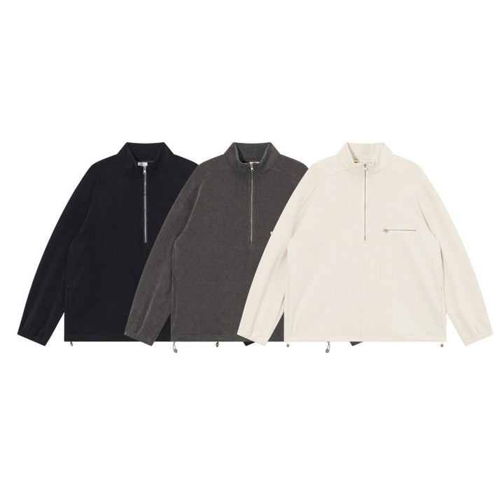 Unisex Oversize Half-zip Pullover made of cord mix with chest zip pocket and drawstring hem Mune Fashion