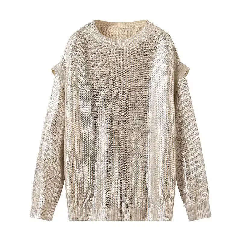 Women's lightly glossy chunky knit sweater with cut-out shoulders and round neckline Mune Fashion