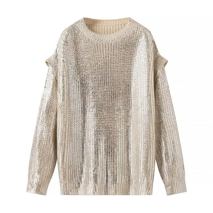 Women's lightly glossy chunky knit sweater with cut-out shoulders and round neckline Mune Fashion