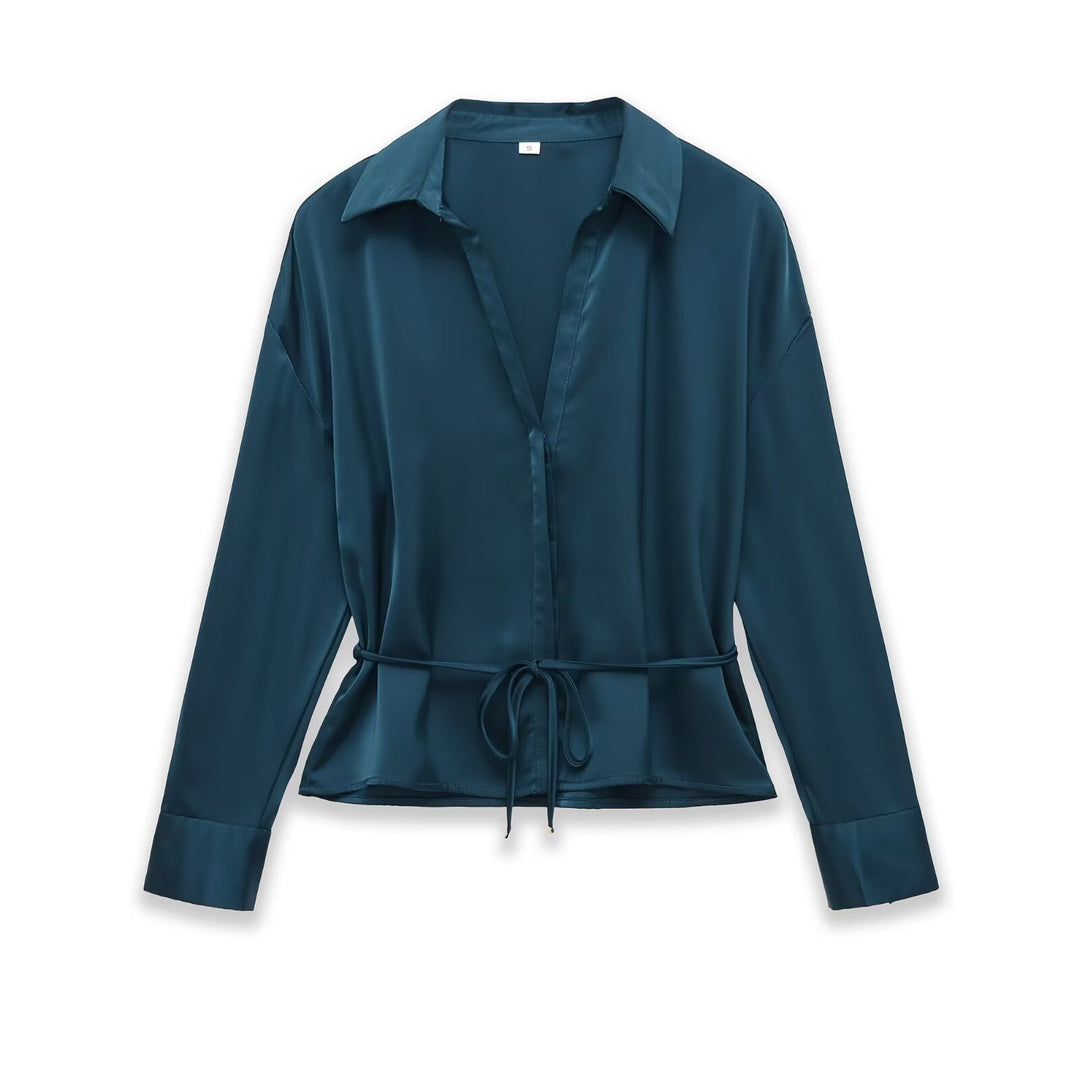 Women's Silk Blouse Shirt with Tie Belt and Peplum Mune Fashion