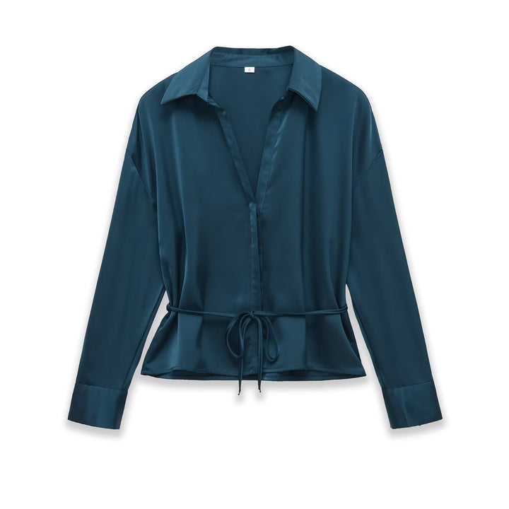 Women's Silk Blouse Shirt with Tie Belt and Peplum Mune Fashion