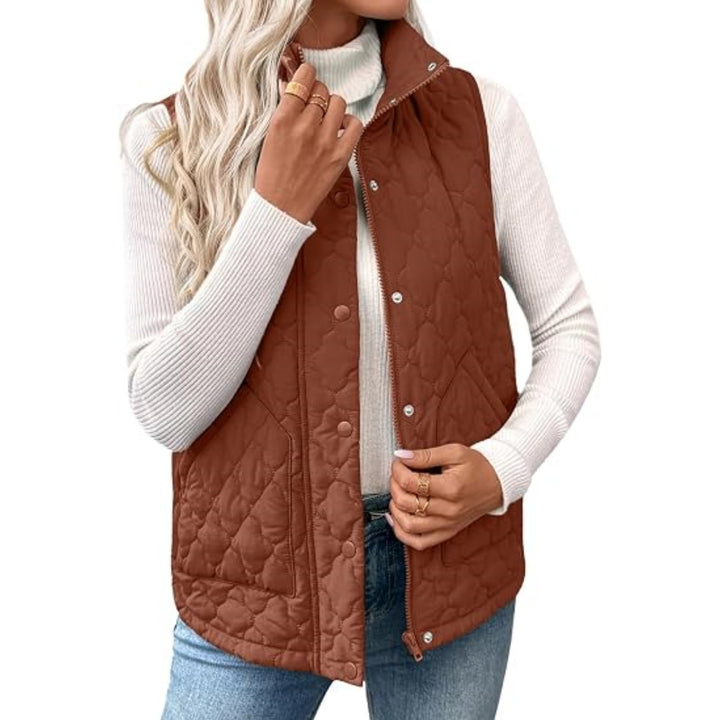 Women's quilted stand collar vest with zipper and snap buttons Mune Fashion