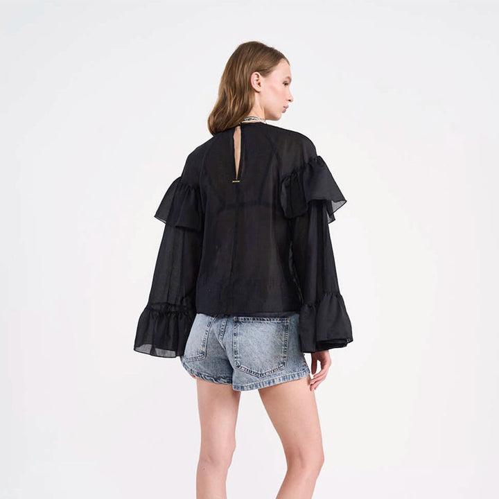 Women's Transparent Ruffle Blouse with Double Ruffle and Bell Sleeves Mune Fashion