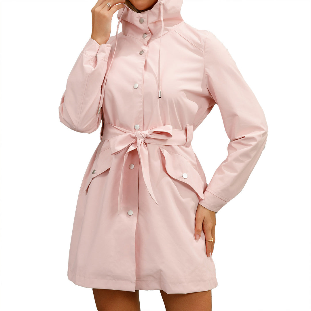 Women's lightweight raincoat in A-line cut with hood, drawstring, and tie belt Mune Fashion