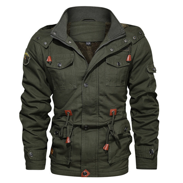 Men's canvas parka in military utility style with teddy fleece lining, drawstring waist, and multifunctional pockets Mune Fashion
