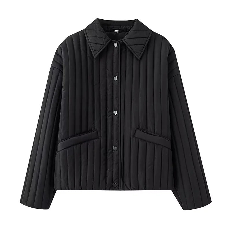 Women's nano quilted short jacket with heart button placket, Kent collar and patch pockets Mune Fashion