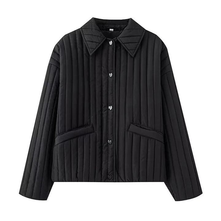 Women's nano quilted short jacket with heart button placket, Kent collar and patch pockets Mune Fashion