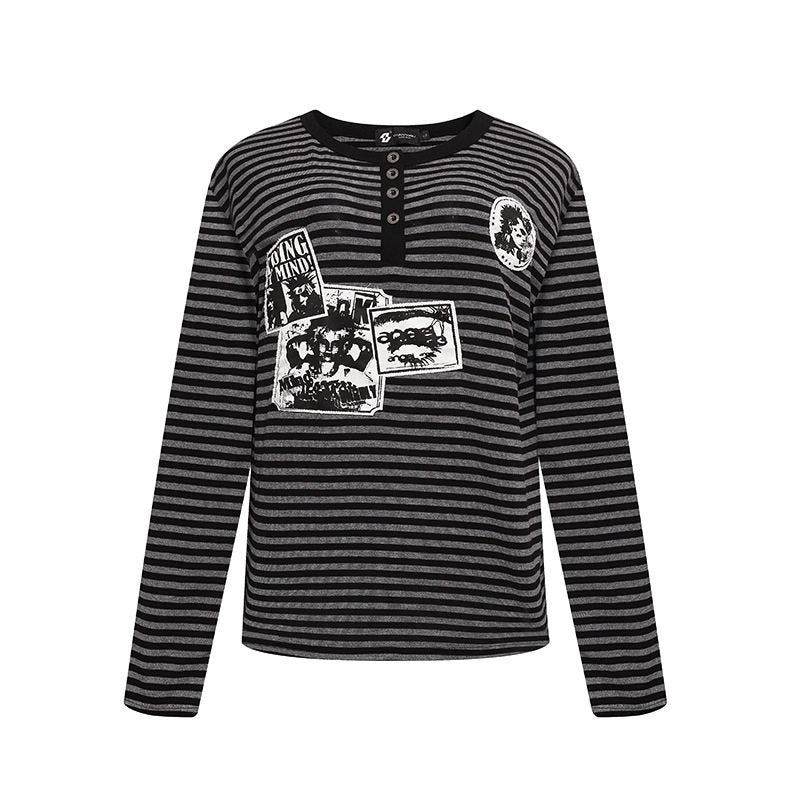 Women's Striped Long Sleeve Henley Shirt with Button Placket and Graphic Patches Mune Fashion