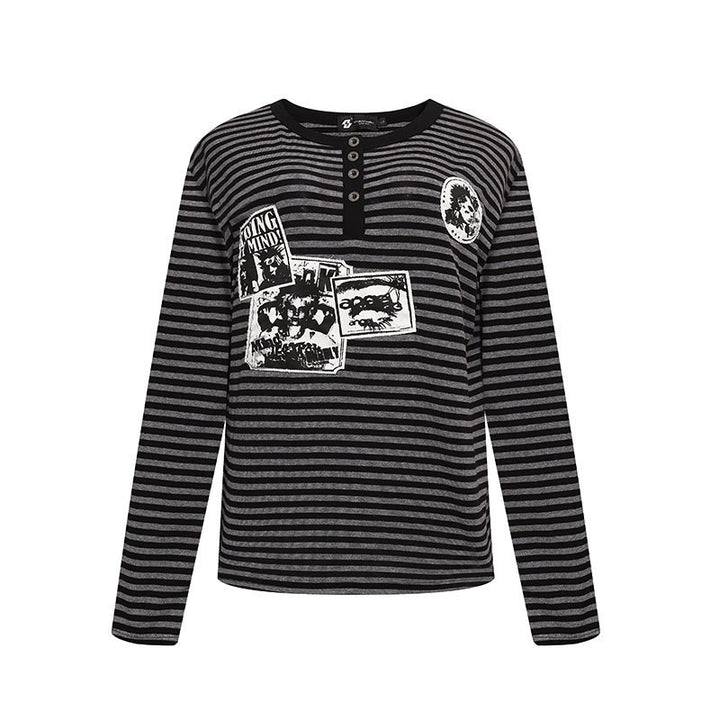 Women's Striped Long Sleeve Henley Shirt with Button Placket and Graphic Patches Mune Fashion