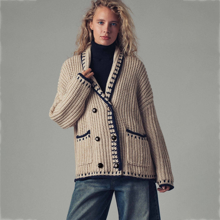 Women's chunky knit cardigan with shawl collar, decorative stripes & patch pockets Mune Fashion