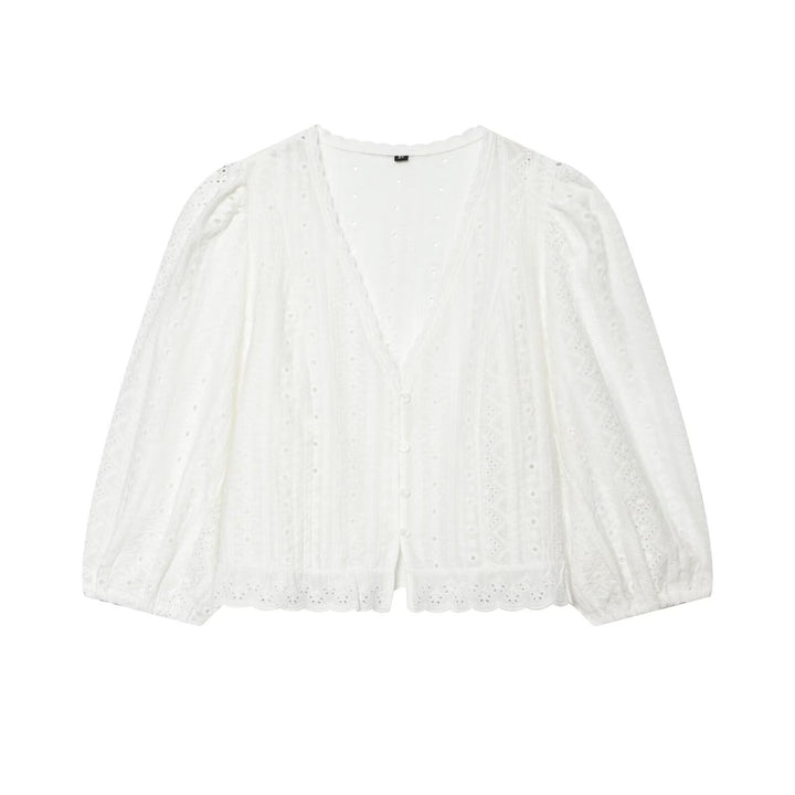 Women's cotton lace cardigan with V-neck, button placket and balloon sleeves Mune Fashion