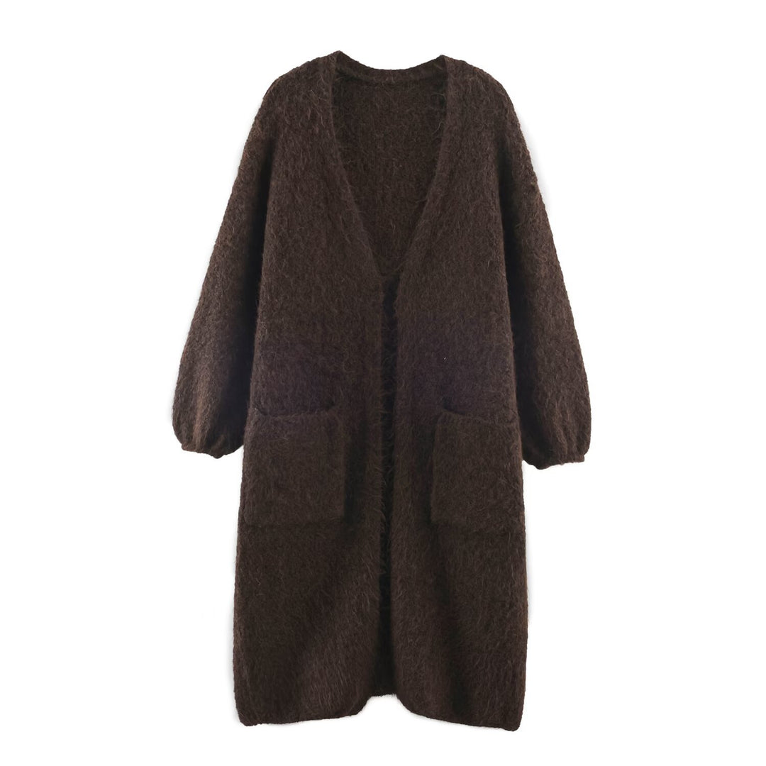 Women's Oversized Knit Coat with V-Neck, Cozy Boucle Look and Patch Pockets Mune Fashion