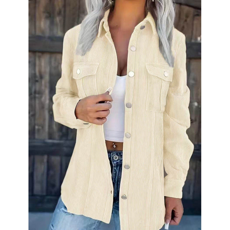 Ladies cord shirt jacket in shacket style with snap button placket and chest pockets Mune Fashion