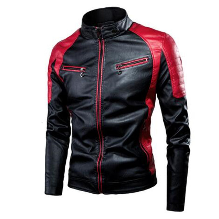 Men's Slim Fit Motorcycle Faux Leather Jacket with Contrast Panels, Quilted Shoulders and Zipper Pockets Mune Fashion