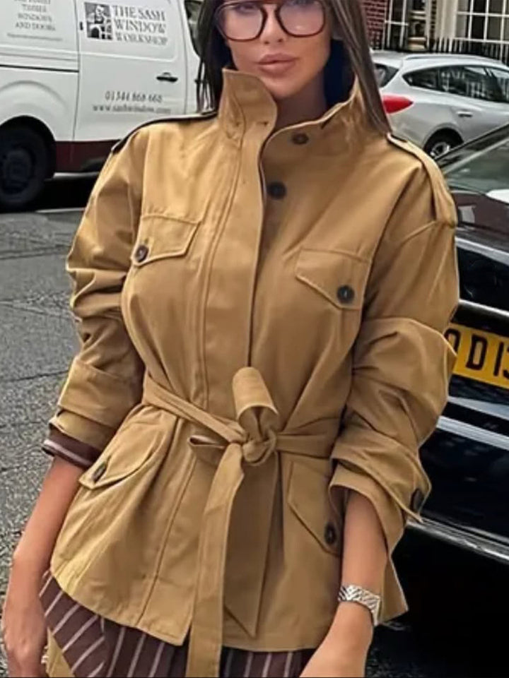Women's Tailored Utility Jacket with Tie Belt, High Stand Collar and Flap Pockets Mune Fashion