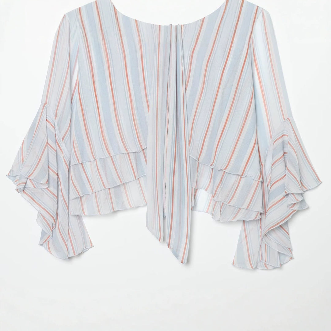 Women's 10+ airy striped blouse cape with tie scarf and ruffle sleeves Mune Fashion
