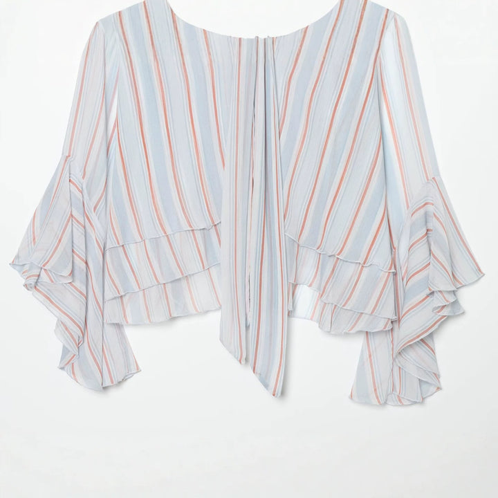 Women's 10+ airy striped blouse cape with tie scarf and ruffle sleeves Mune Fashion