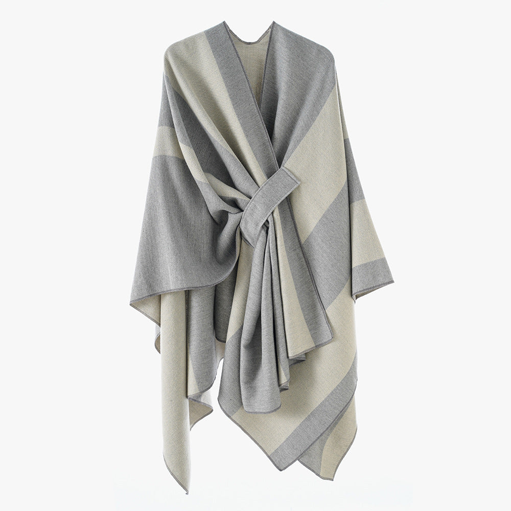 Women's Oversize Cape with Block Stripes and Tied Belt Mune Fashion