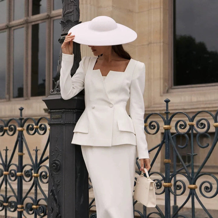 Women Fitted Suit Set with Distinct Angular Neckline and Peplum Mune Fashion