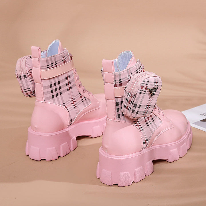 Women's fashionable plateau ankle boots with checkered textile insert, lacing, buckle strap and removable mini bag Mune Fashion