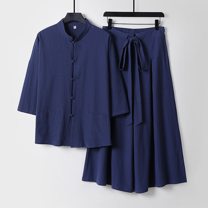Ladies Two-Piece Lightweight Lounge Set with Stand-up Collar, Short Sleeve Jacket and Wide Palazzo Skirt Mune Fashion