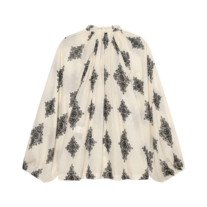 Women Wide Boho Blouse with Ruffled Collar, Drawstring and Balloon Sleeves Drune