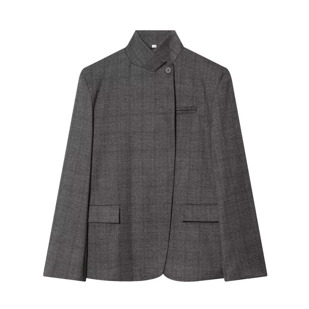 Women's Tailored Checked Blazer with Stand Collar and Concealed Button Placket Mune Fashion
