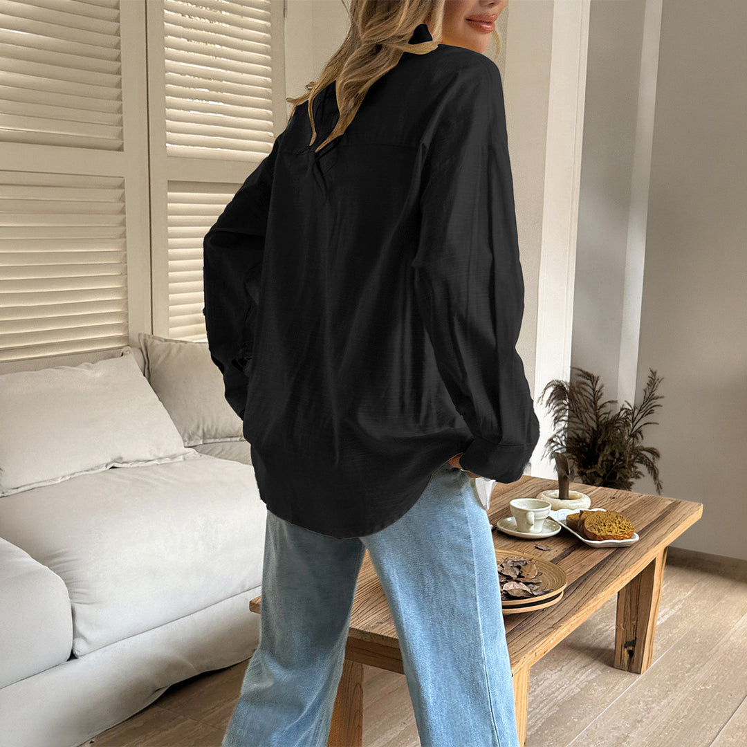 Women's oversized linen shirt blouse with boxy cut and concealed button placket Mune Fashion