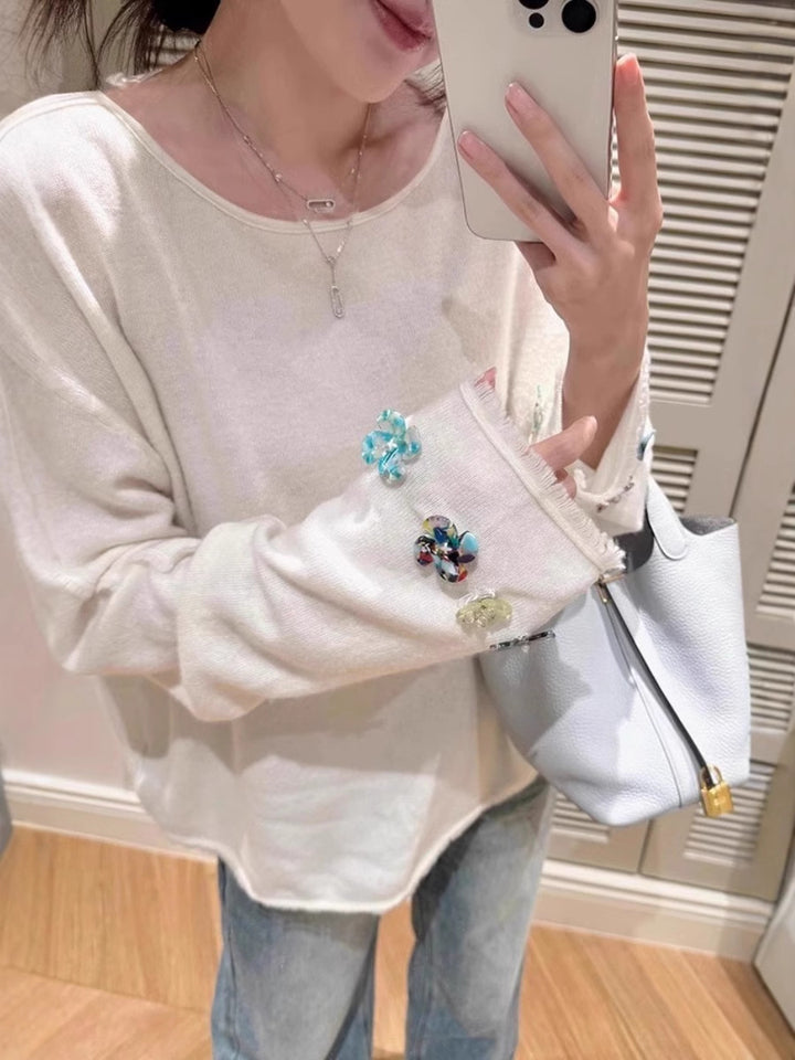 Women's Oversized Fine Knit Sweater with Jewelry-Embellished Sleeve Cuffs Mune Fashion