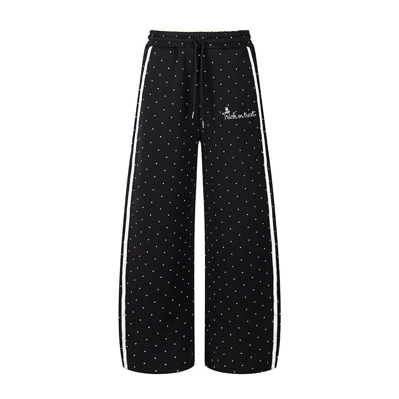 Women's Extra Wide Palazzo Sweatpants in Polka Dot Design with Elastic Comfort Waistband and Side Contrast Stripes Mune Fashion