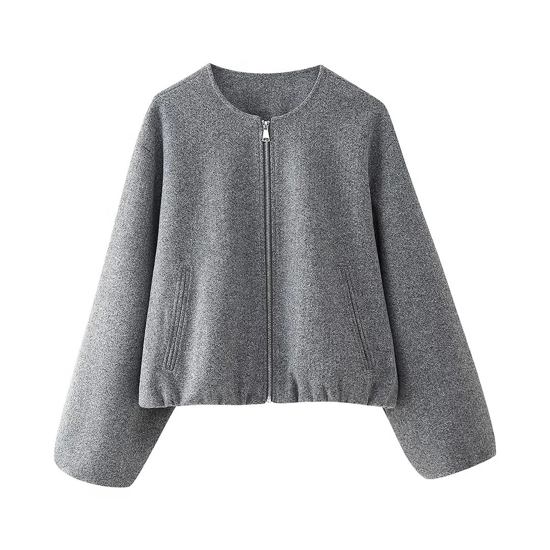 Women's short-cut bomber jacket without collar with balloon sleeves and side pockets Mune Fashion