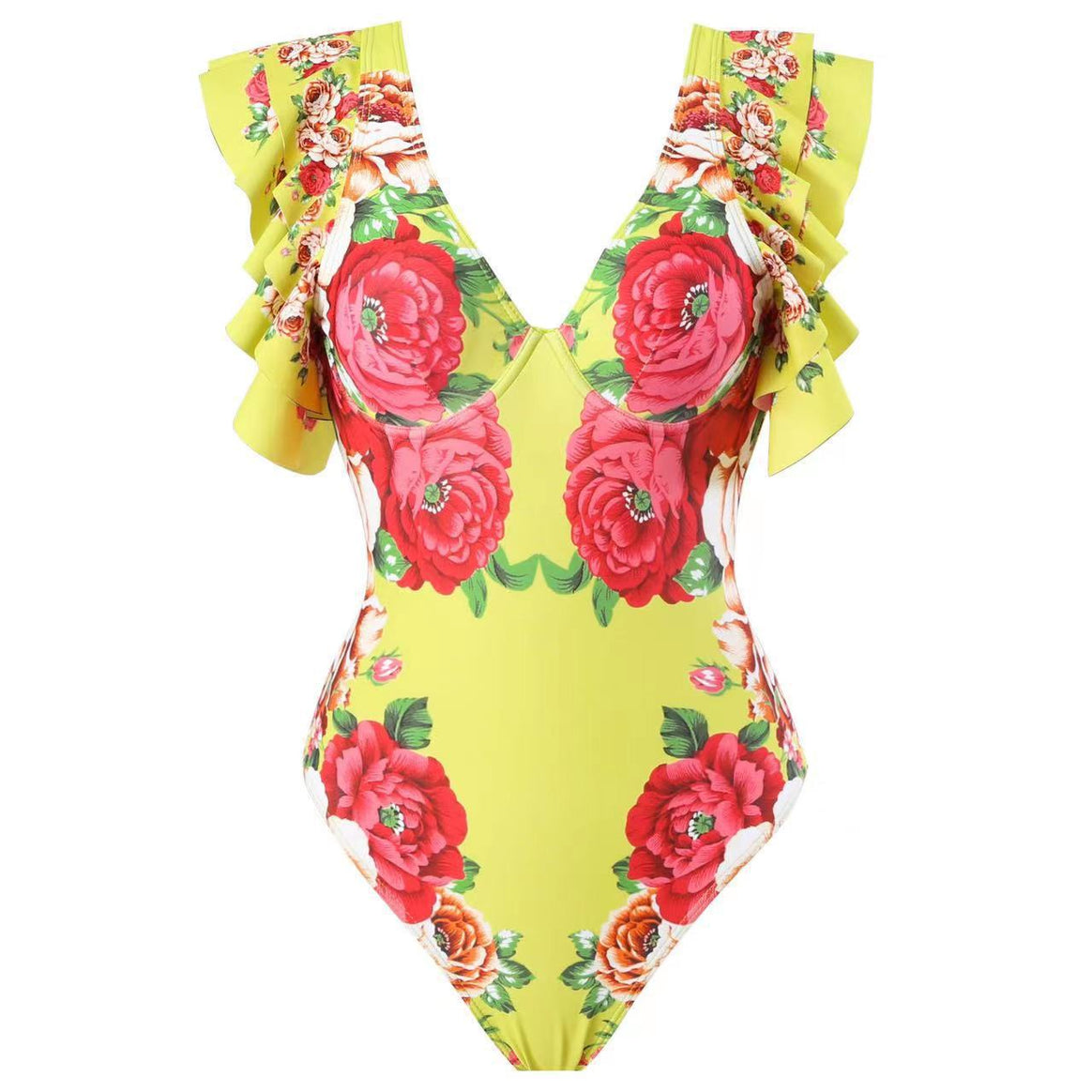 Ladies swimsuit set with voluminous ruffle design and floral wrap skirt Mune Fashion