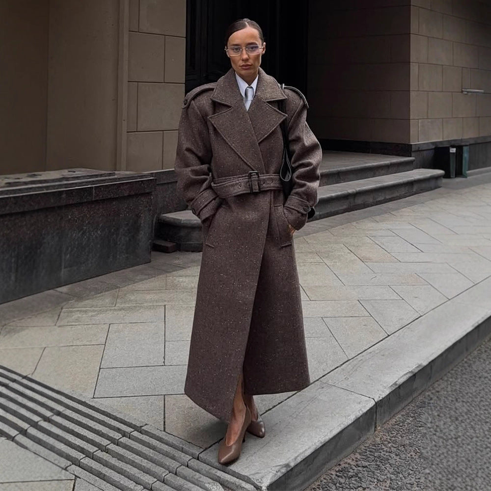 Women's Maxi-Length Wool Cocoon Coat with Emphasized Shoulder Section and Waist Belt Mune Fashion