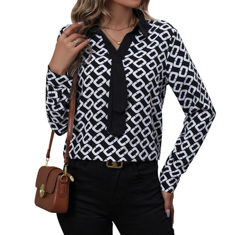 Women Elegant Blouse with Textured Pattern and Tie Band Mune Fashion