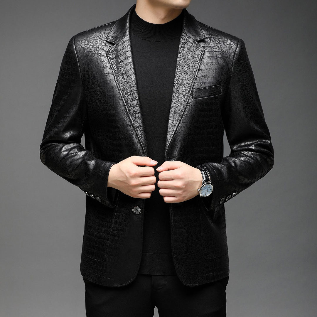 Men's crocodile-embossed leather jacket with a slim silhouette and lapel collar Mune Fashion