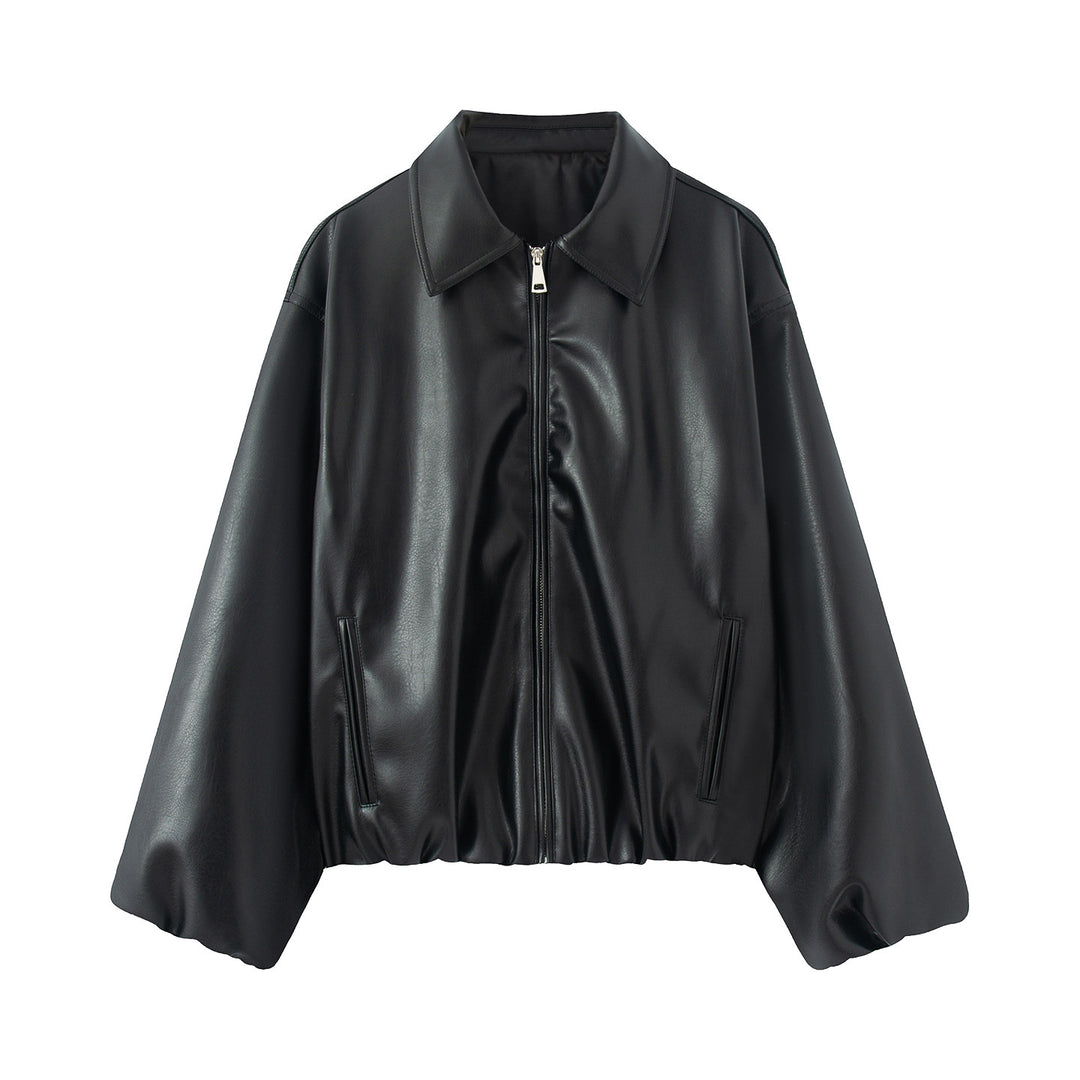 Women's Nan Kastiger Oversized Faux Leather Blouson with Shirt Collar, Hidden Zipper, Concealed Pocket, and Elastic Hem Mune Fashion