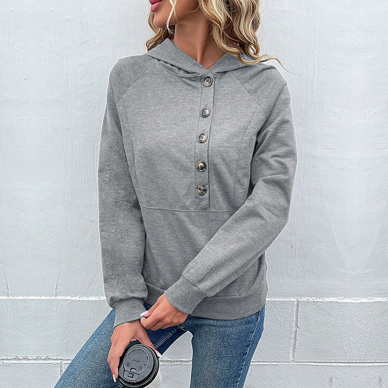 Ladies hooded sweatshirt with asymmetric button placket and raglan sleeves Mune Fashion