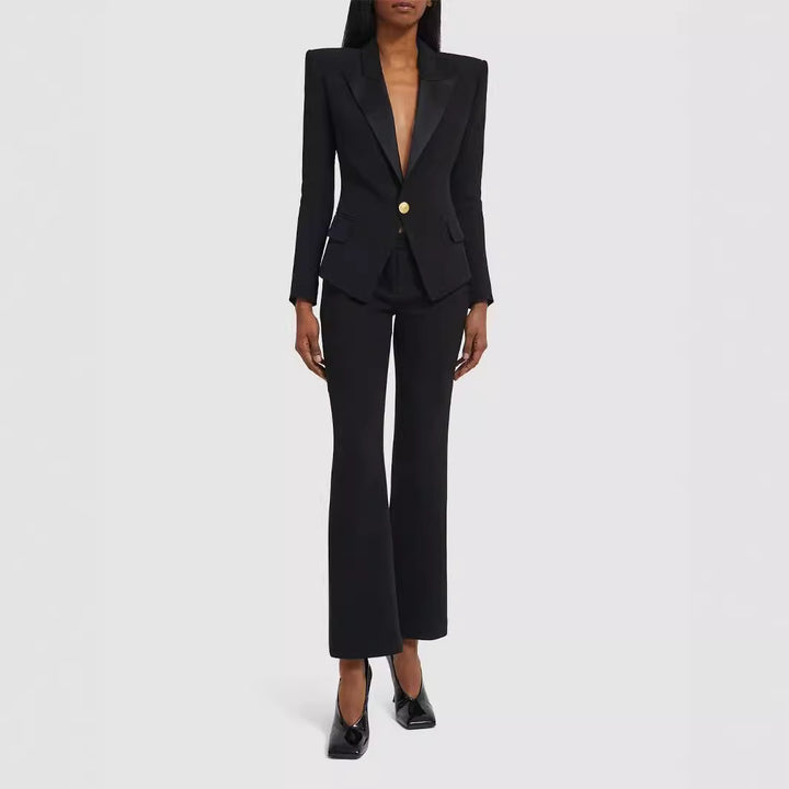 Women Slim-Fit Tuxedo Blazer in Tailoring with Emphasized Shoulder and Gold Decorative Button Placket Mune Fashion