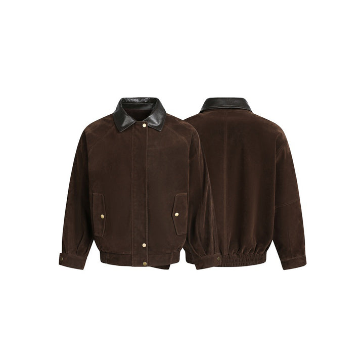 Men's Boxy Suede Leather Blouson with Contrasting Leather Collar and Snap Flap Pockets Mune Fashion
