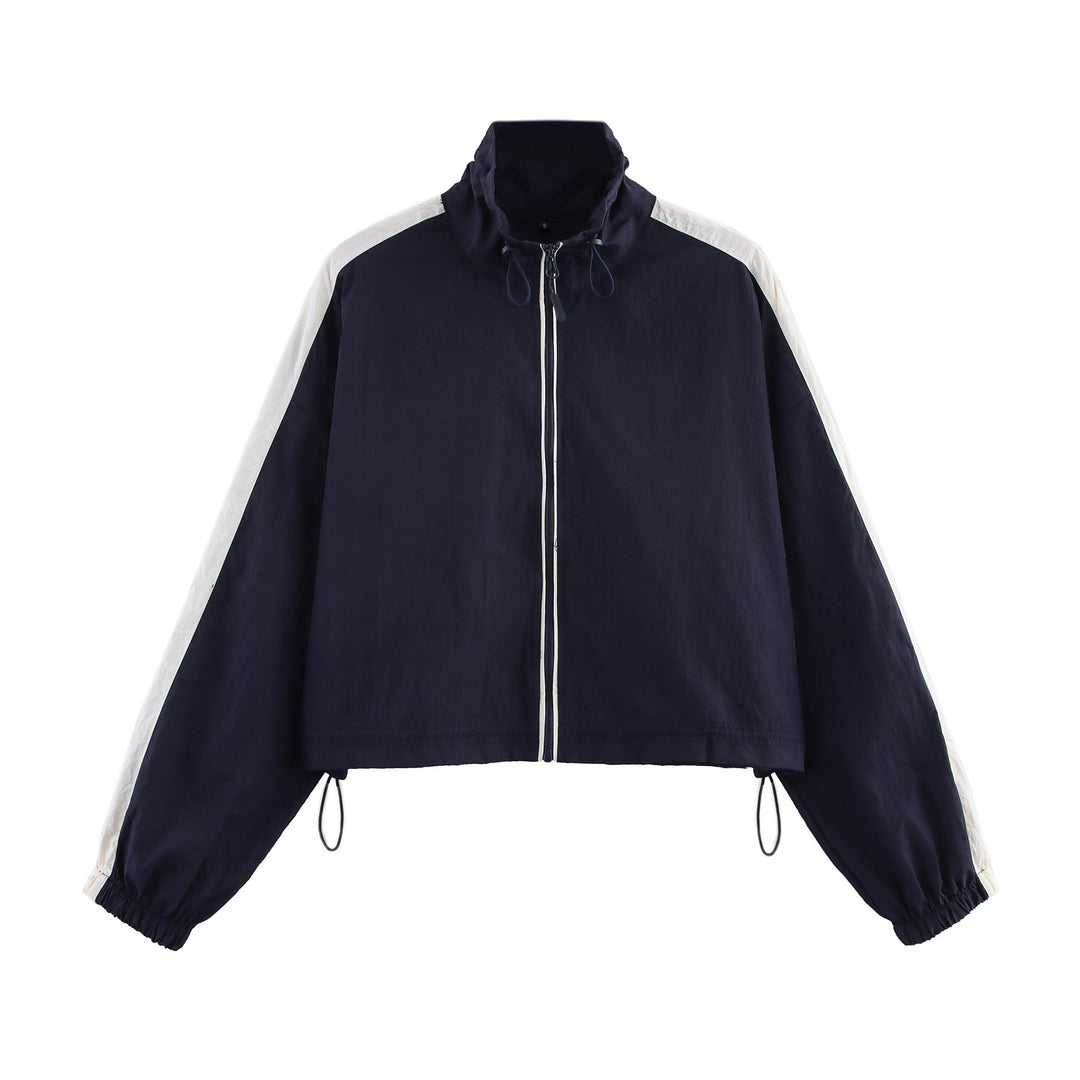 Women's Cropped Windbreaker Jacket with High Collar, Drawstring and Contrast Stripes Mune Fashion