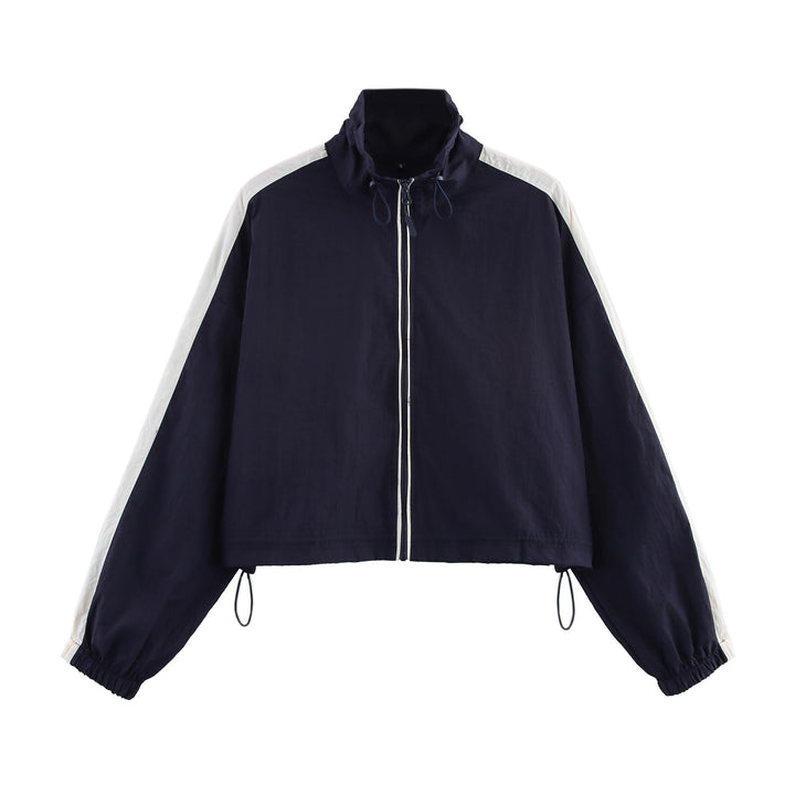 Women's Cropped Windbreaker Jacket with High Collar, Drawstring and Contrast Stripes Mune Fashion