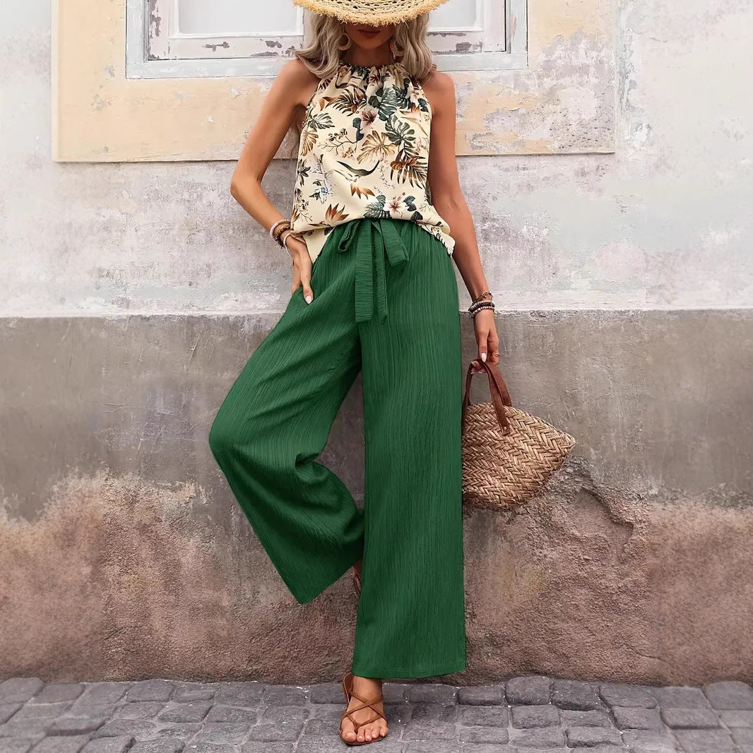 Women wide linen pants with drawstring and pleat look Mune Fashion