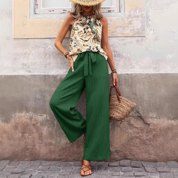 Women wide linen pants with drawstring and pleat look Mune Fashion