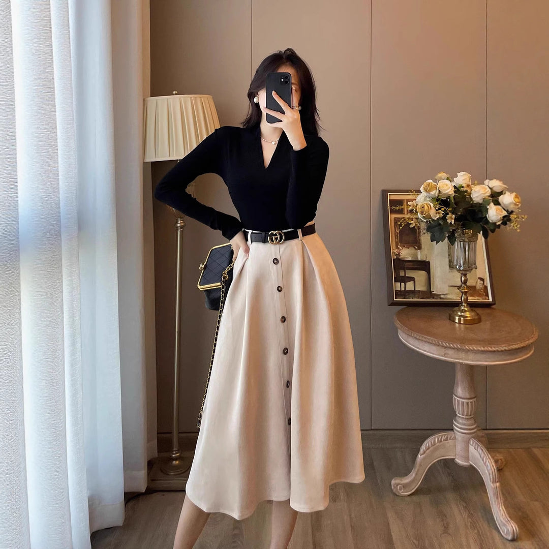 Ladies Elegant Midi Dress with Button Placket Mune Fashion