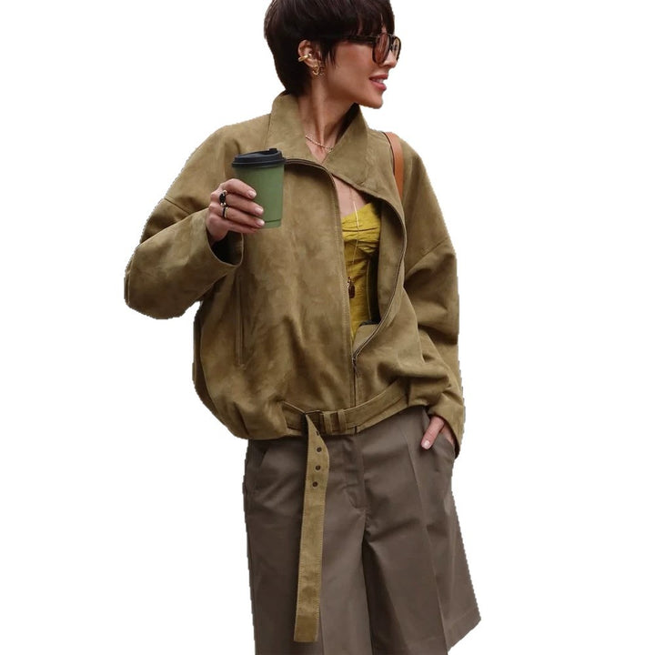 Women's Oversized Suede Bomber Jacket with Tailoring Belt and Asymmetrical Zipper Mune Fashion