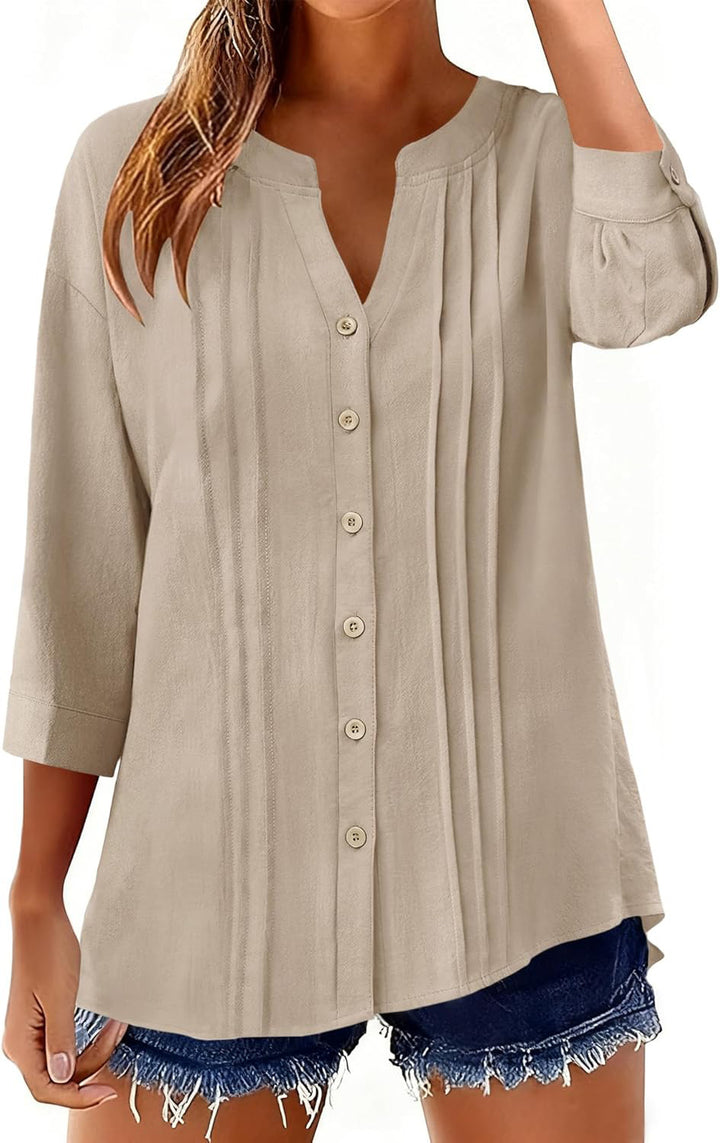 Women Loose Tunic Shirt with Pleats and Three-Quarter Sleeves Mune Fashion