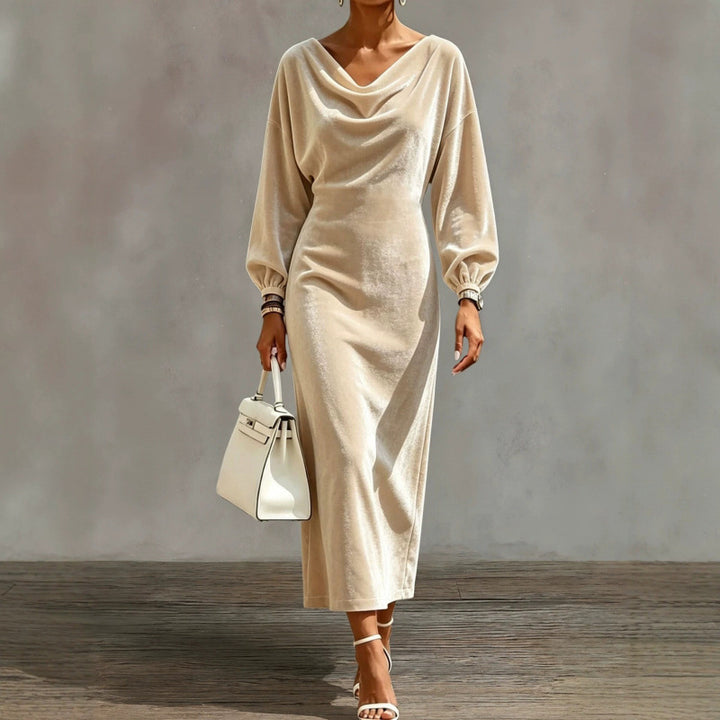 Women's midi dress made of velvet with draped waterfall neckline and balloon sleeves Mune Fashion