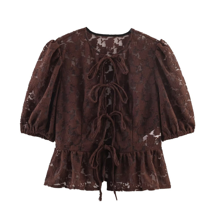 Ladies Transparent Lace Blouse with Front Ties and Ruffled Hem Mune Fashion